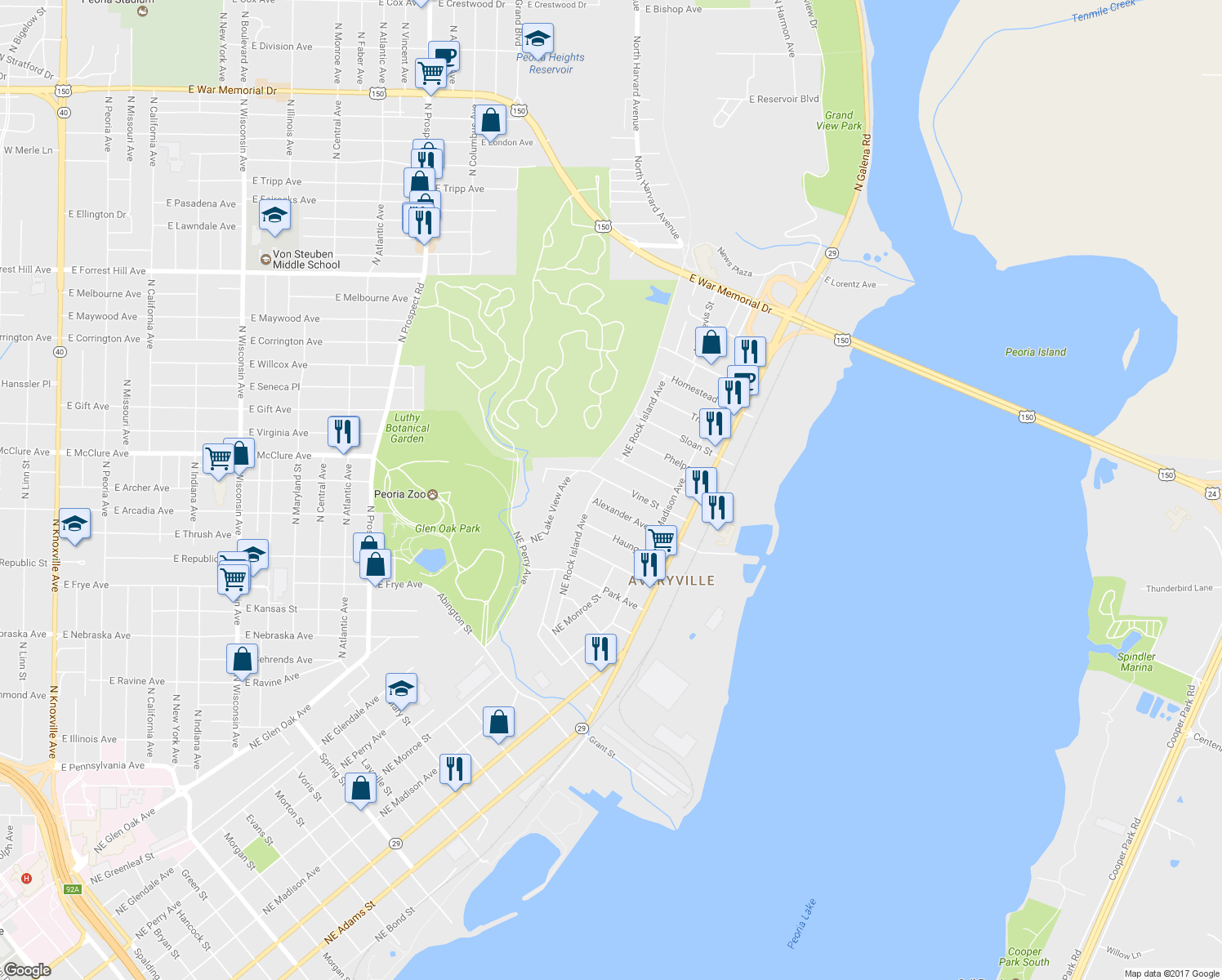 map of restaurants, bars, coffee shops, grocery stores, and more near 722 Alexander Avenue in Peoria