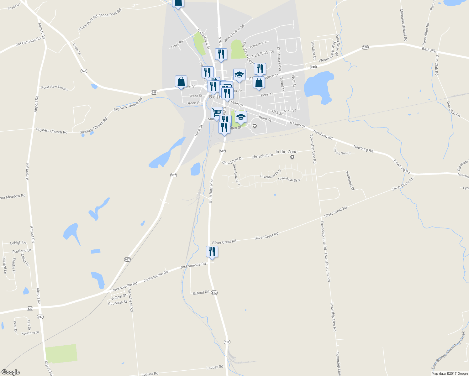 map of restaurants, bars, coffee shops, grocery stores, and more near 171 Bentwood Circle in Bath