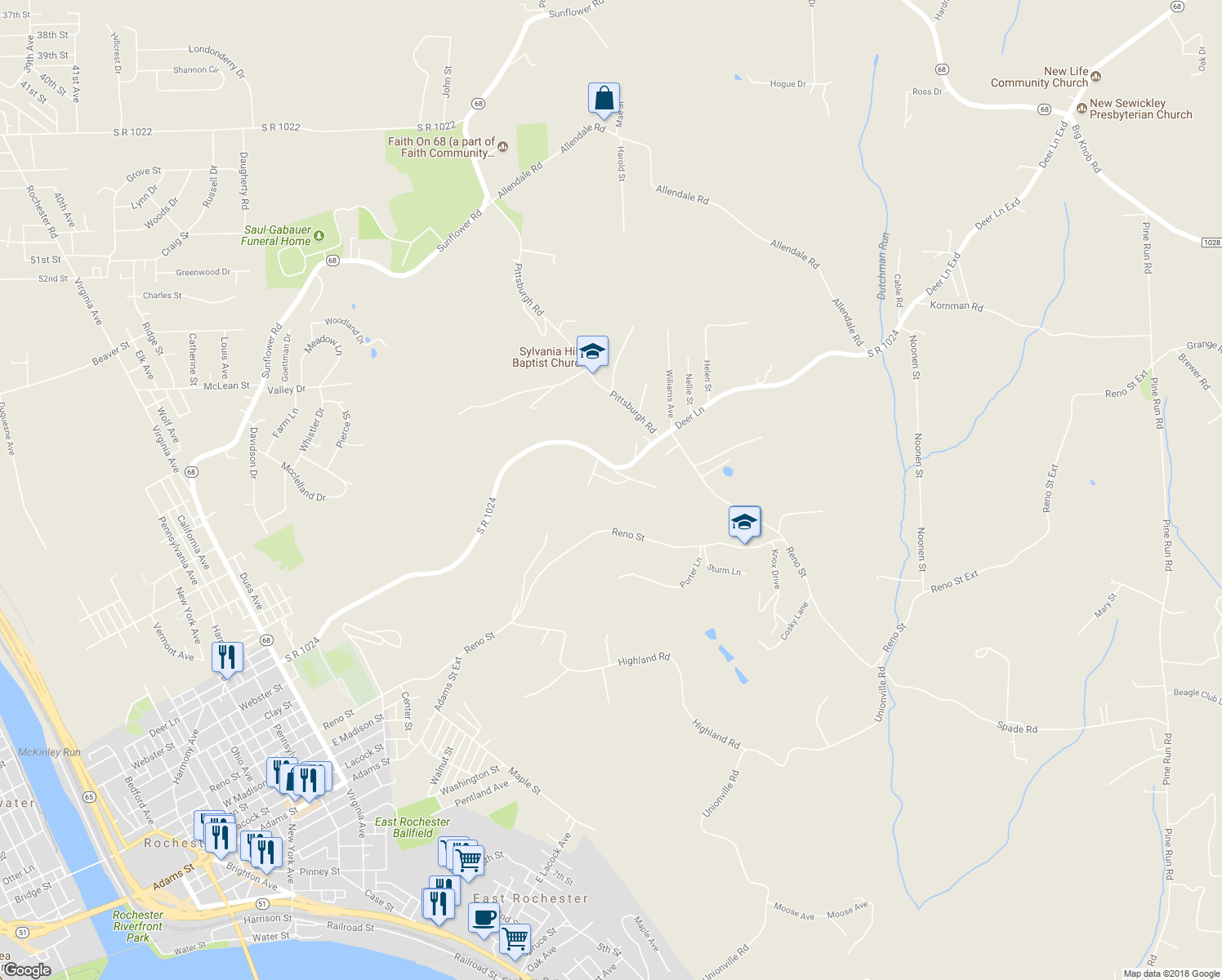 map of restaurants, bars, coffee shops, grocery stores, and more near 118 Frank Circle in Rochester
