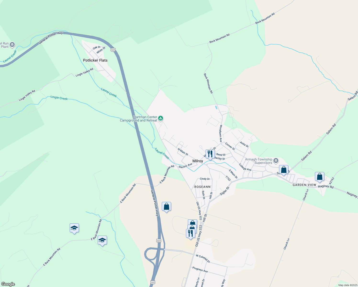 map of restaurants, bars, coffee shops, grocery stores, and more near 28 Ryans Circle in Milroy