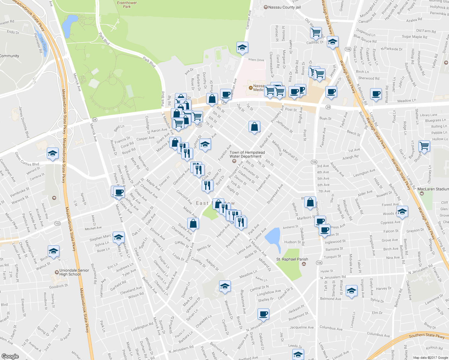 map of restaurants, bars, coffee shops, grocery stores, and more near 2349 Rugby Street in East Meadow