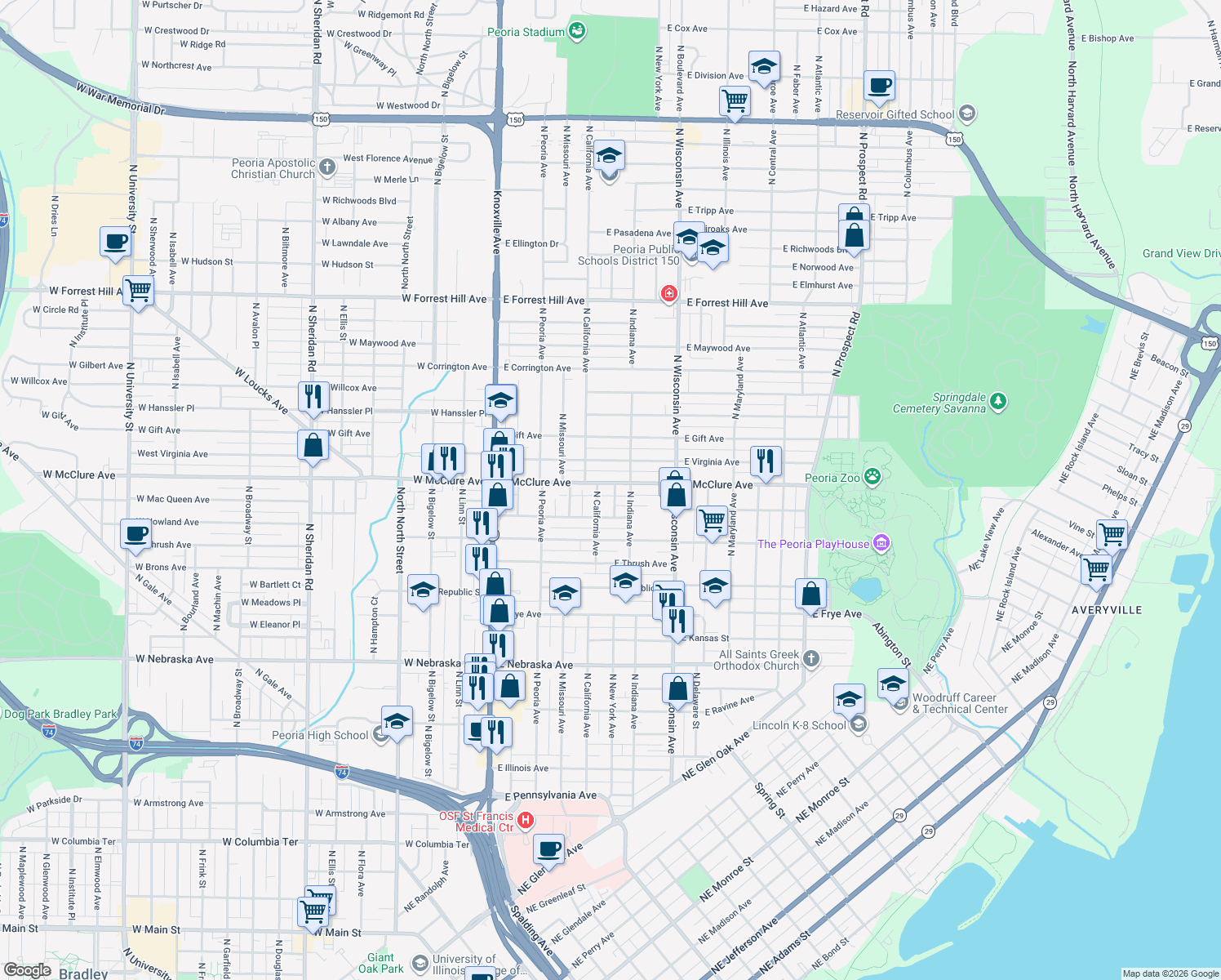 map of restaurants, bars, coffee shops, grocery stores, and more near 506 East McClure Avenue in Peoria