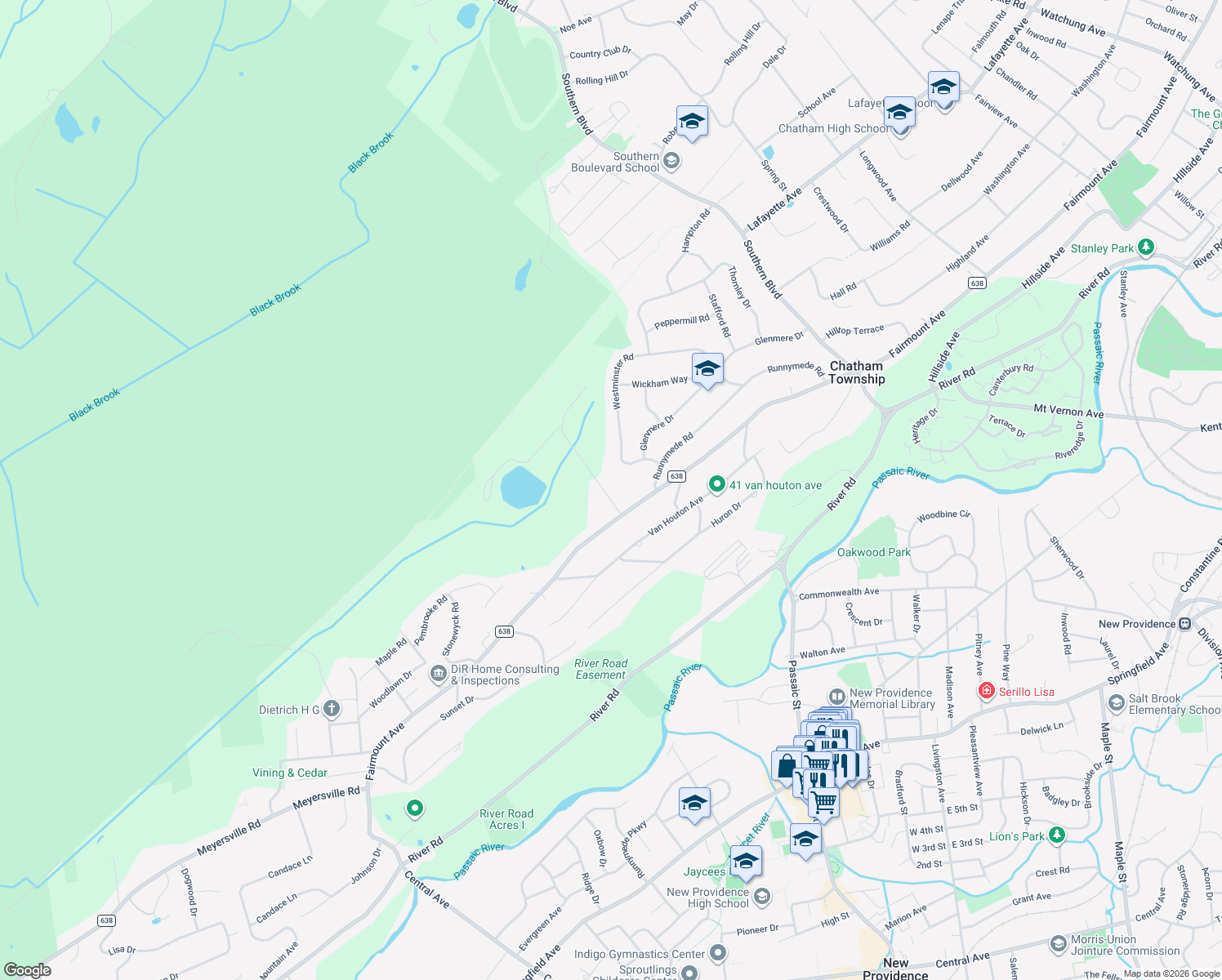 map of restaurants, bars, coffee shops, grocery stores, and more near 16 Tanglewood Lane in Chatham Township