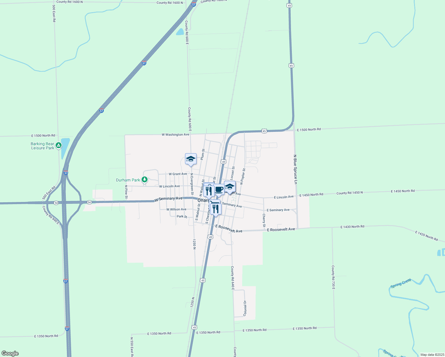 map of restaurants, bars, coffee shops, grocery stores, and more near 300 North Oak Street in Onarga