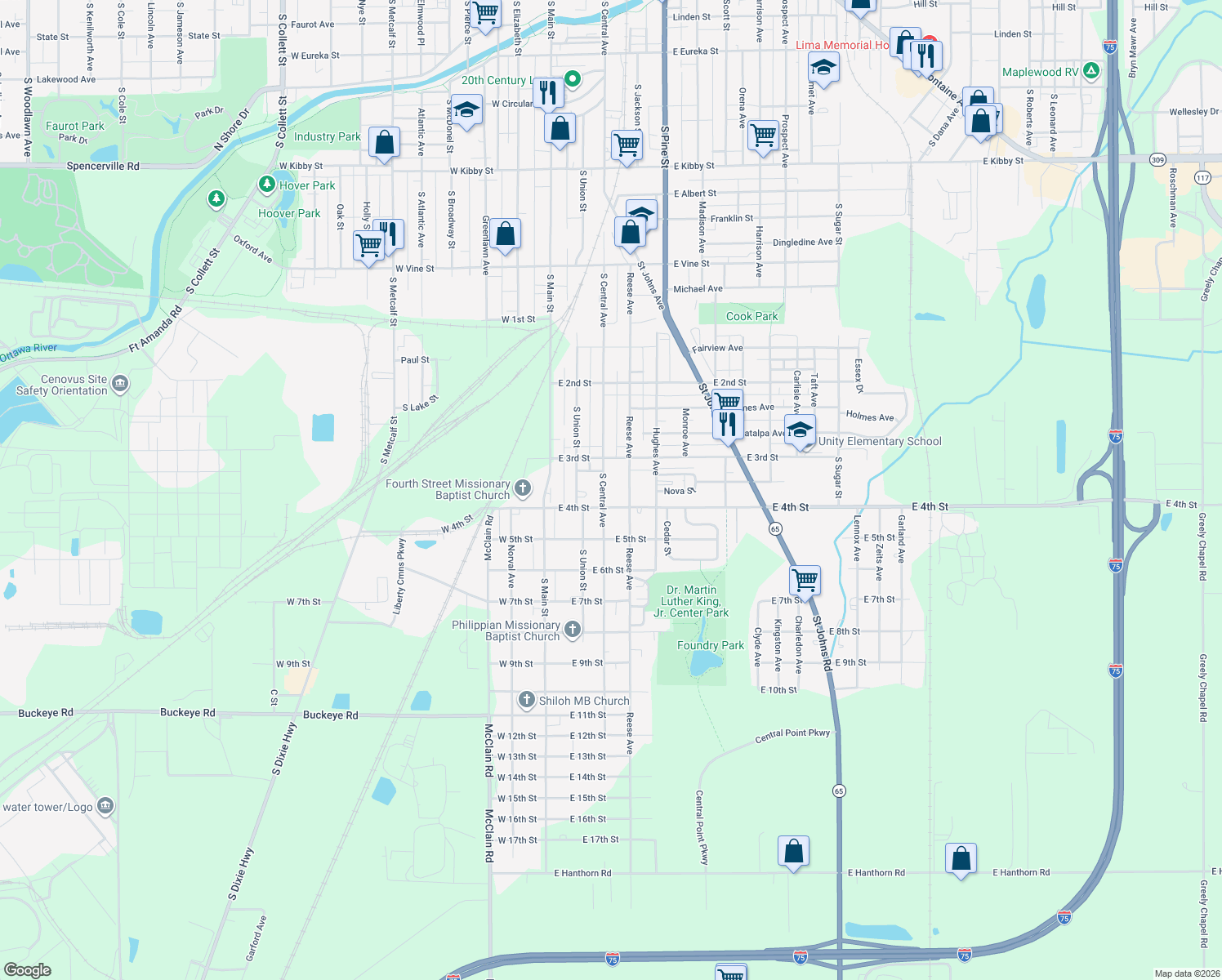 map of restaurants, bars, coffee shops, grocery stores, and more near 1221 S Central Ave in Lima