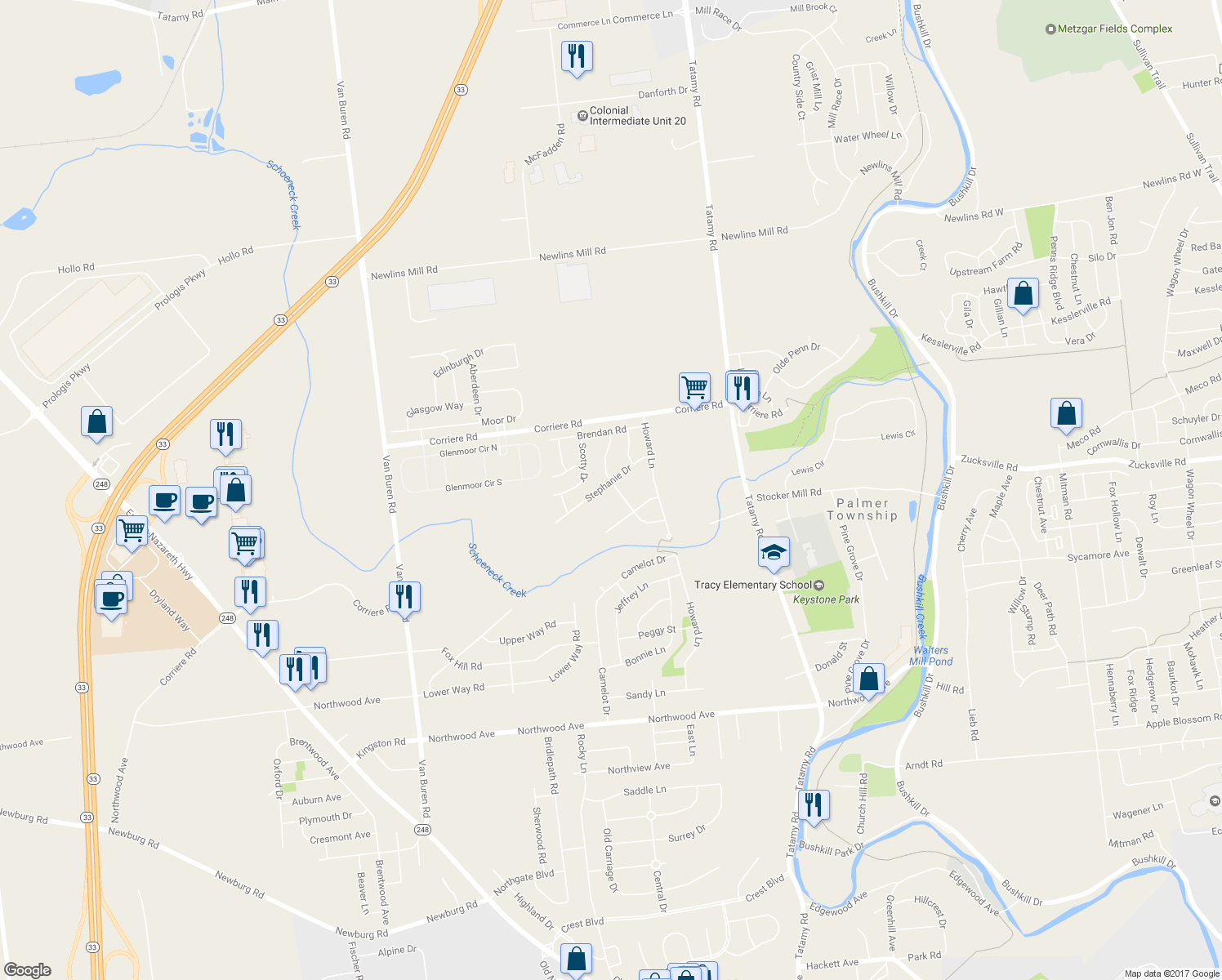 map of restaurants, bars, coffee shops, grocery stores, and more near 202 Stephanie Drive in Easton