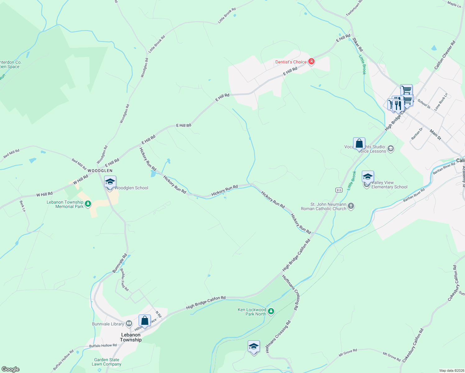 map of restaurants, bars, coffee shops, grocery stores, and more near 21 Hickory Run Road in Califon