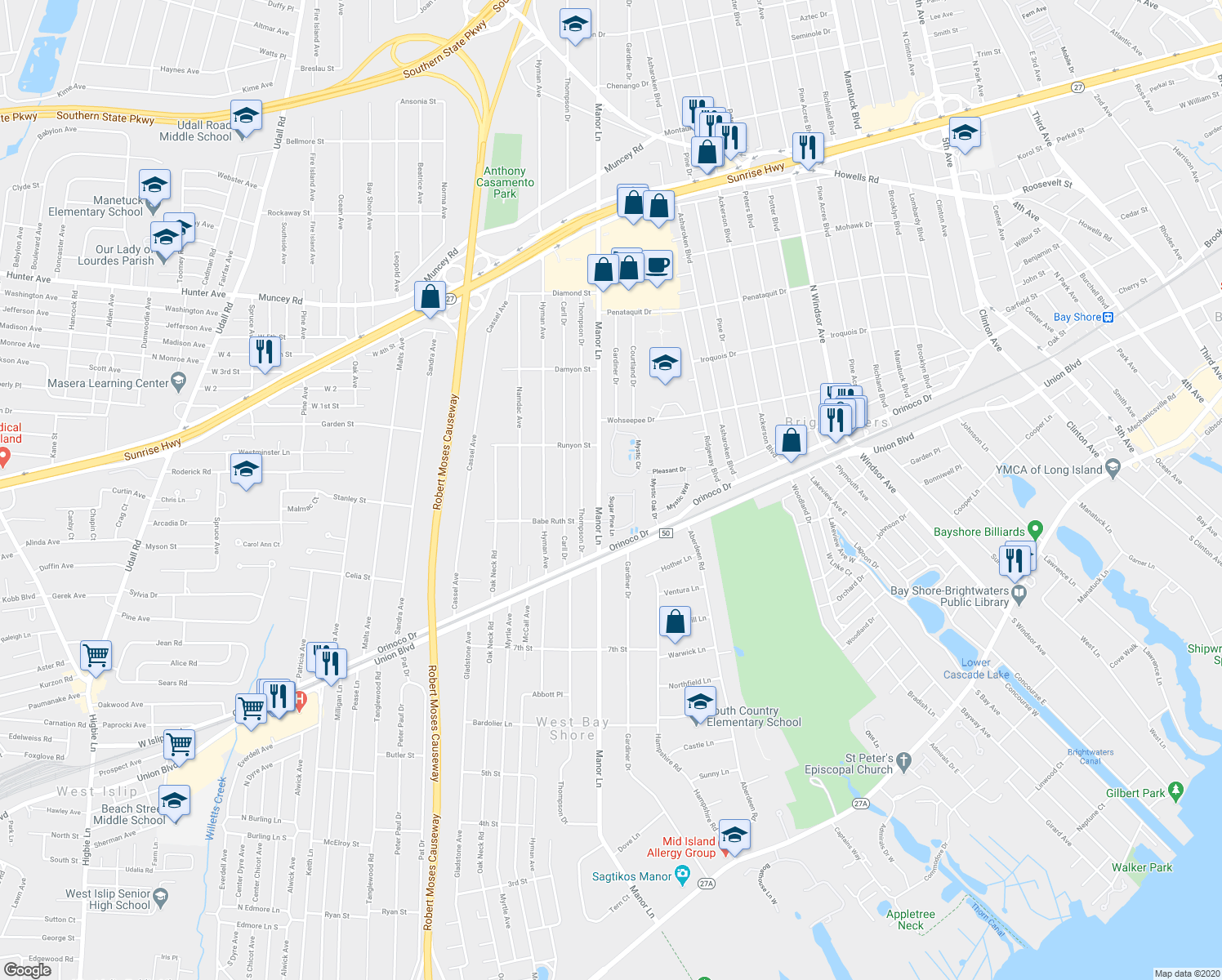 map of restaurants, bars, coffee shops, grocery stores, and more near 24 Virginia Pine Lane in Bay Shore