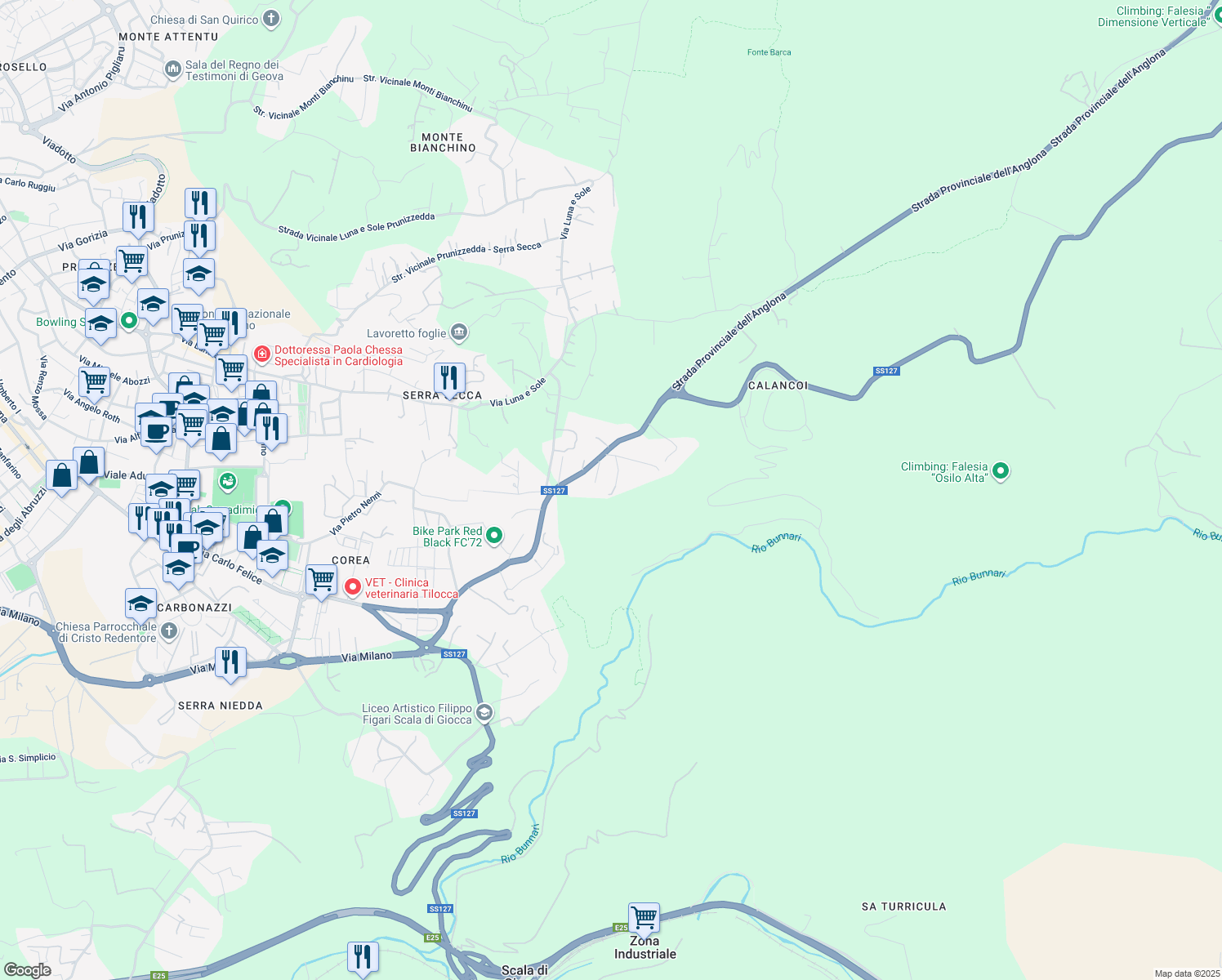 map of restaurants, bars, coffee shops, grocery stores, and more near 30 Strada Statale 127 Settentrionale Sarda in Provincia di Sassari