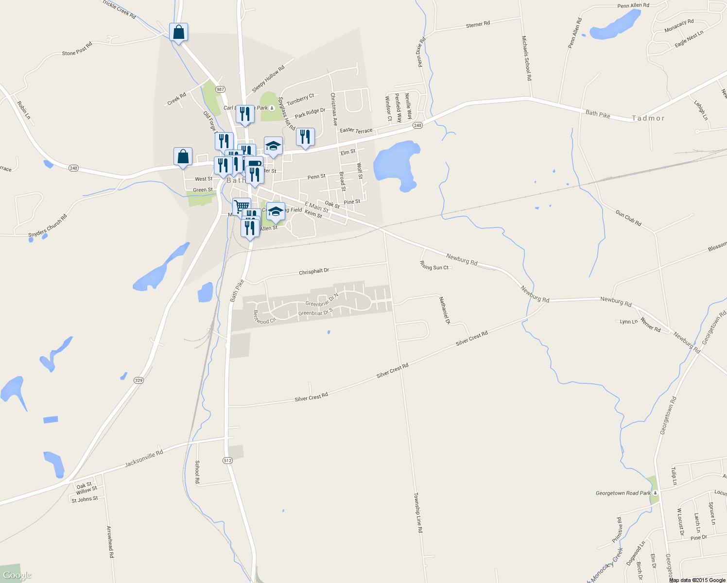 map of restaurants, bars, coffee shops, grocery stores, and more near 29 Spring Meadow Court in Bath