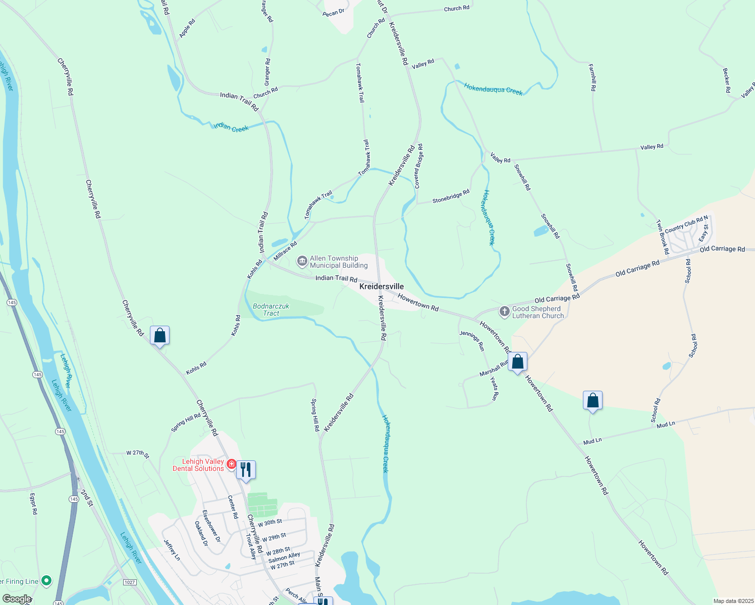 map of restaurants, bars, coffee shops, grocery stores, and more near 3891 Kreidersville Road in Northampton