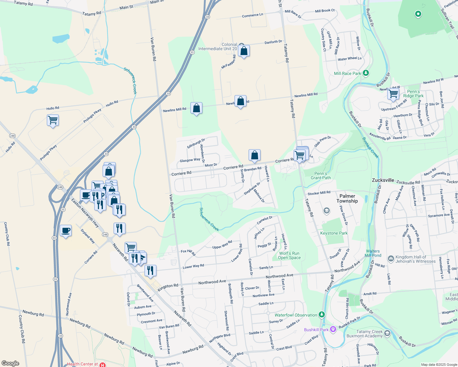 map of restaurants, bars, coffee shops, grocery stores, and more near 70 Glenmoor Circle South in Easton