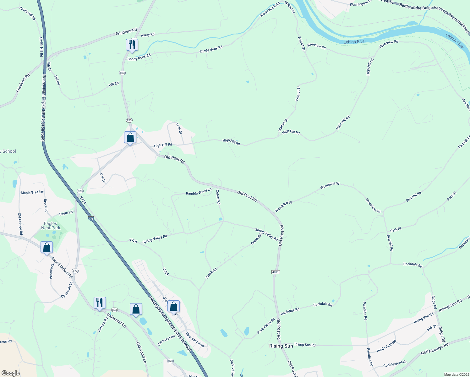 map of restaurants, bars, coffee shops, grocery stores, and more near 3063 Old Post Road in Slatington