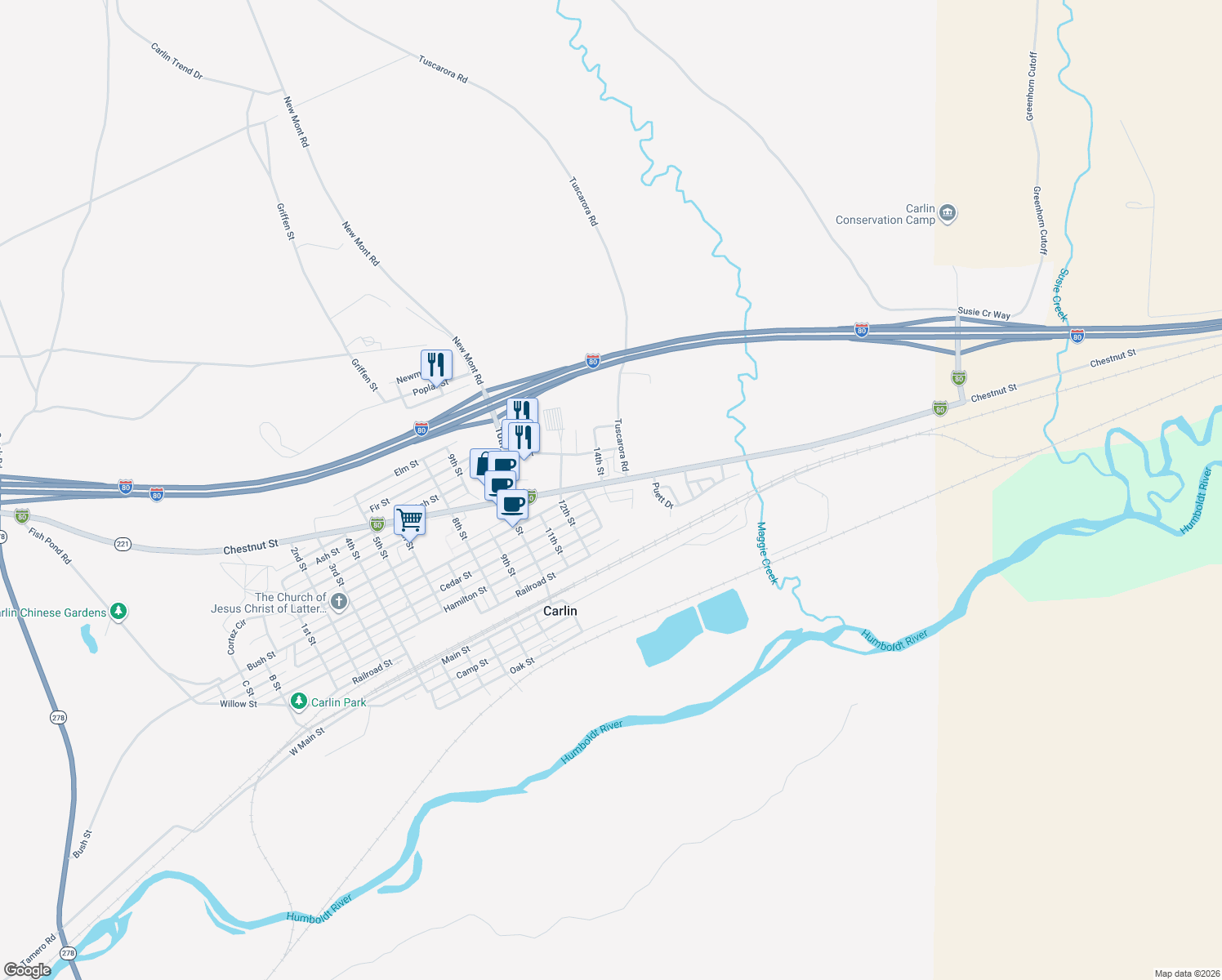map of restaurants, bars, coffee shops, grocery stores, and more near 1401 Chestnut St in Carlin