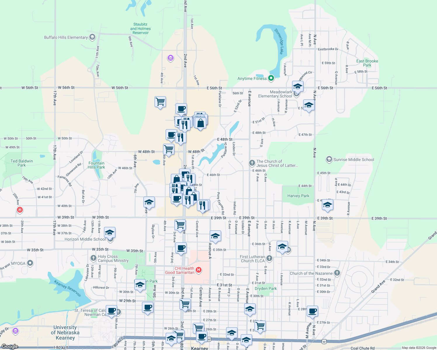 map of restaurants, bars, coffee shops, grocery stores, and more near 198 46th St Pl in Kearney