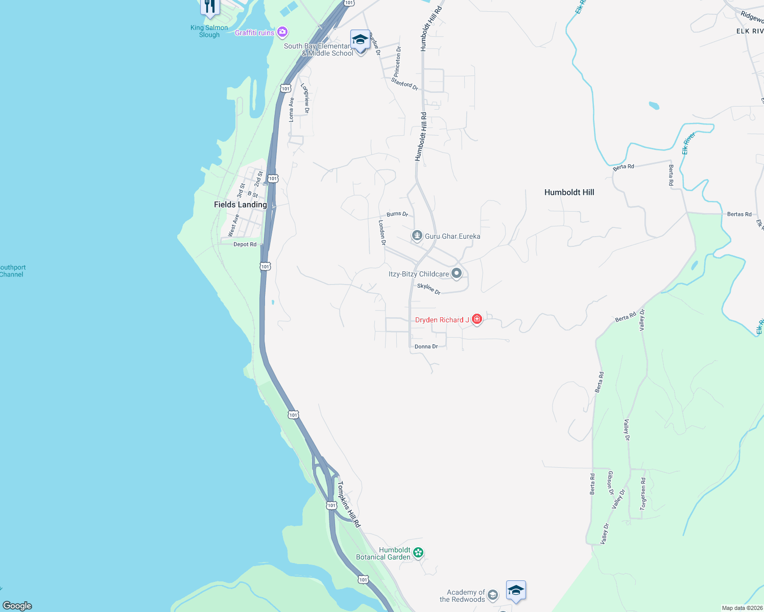 map of restaurants, bars, coffee shops, grocery stores, and more near 2185 Chad Lane in Eureka