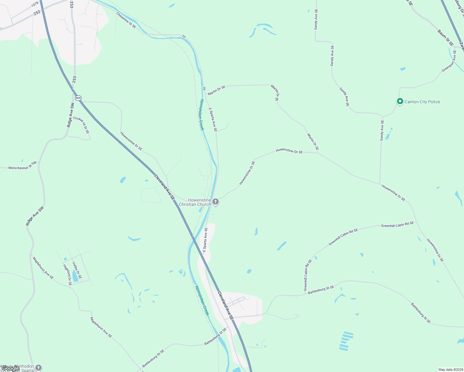 map of restaurants, bars, coffee shops, grocery stores, and more near 2449 Howenstine Drive Southeast in East Sparta