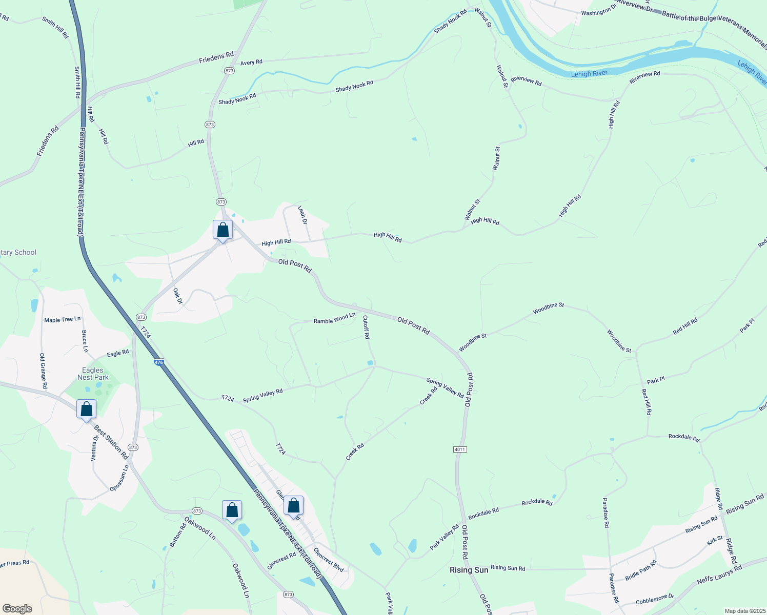 map of restaurants, bars, coffee shops, grocery stores, and more near 3063 Old Post Road in Slatington