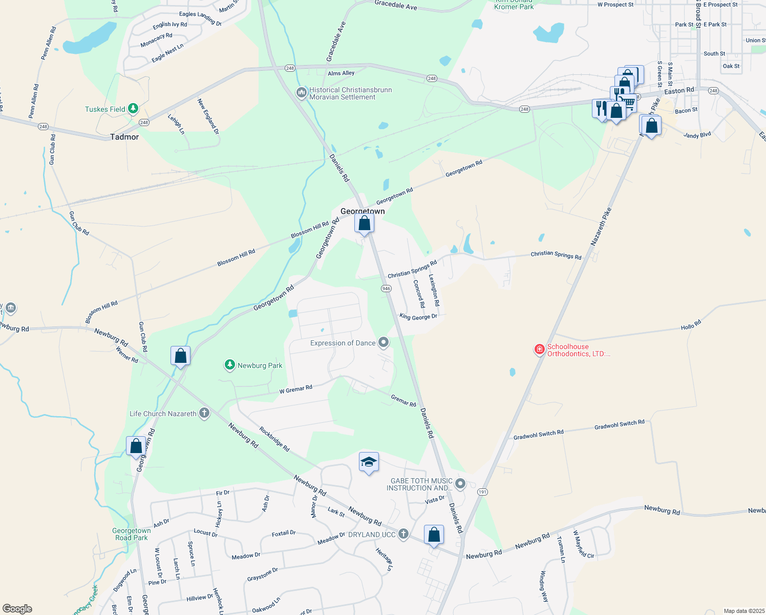 map of restaurants, bars, coffee shops, grocery stores, and more near 685 Daniels Road in Nazareth