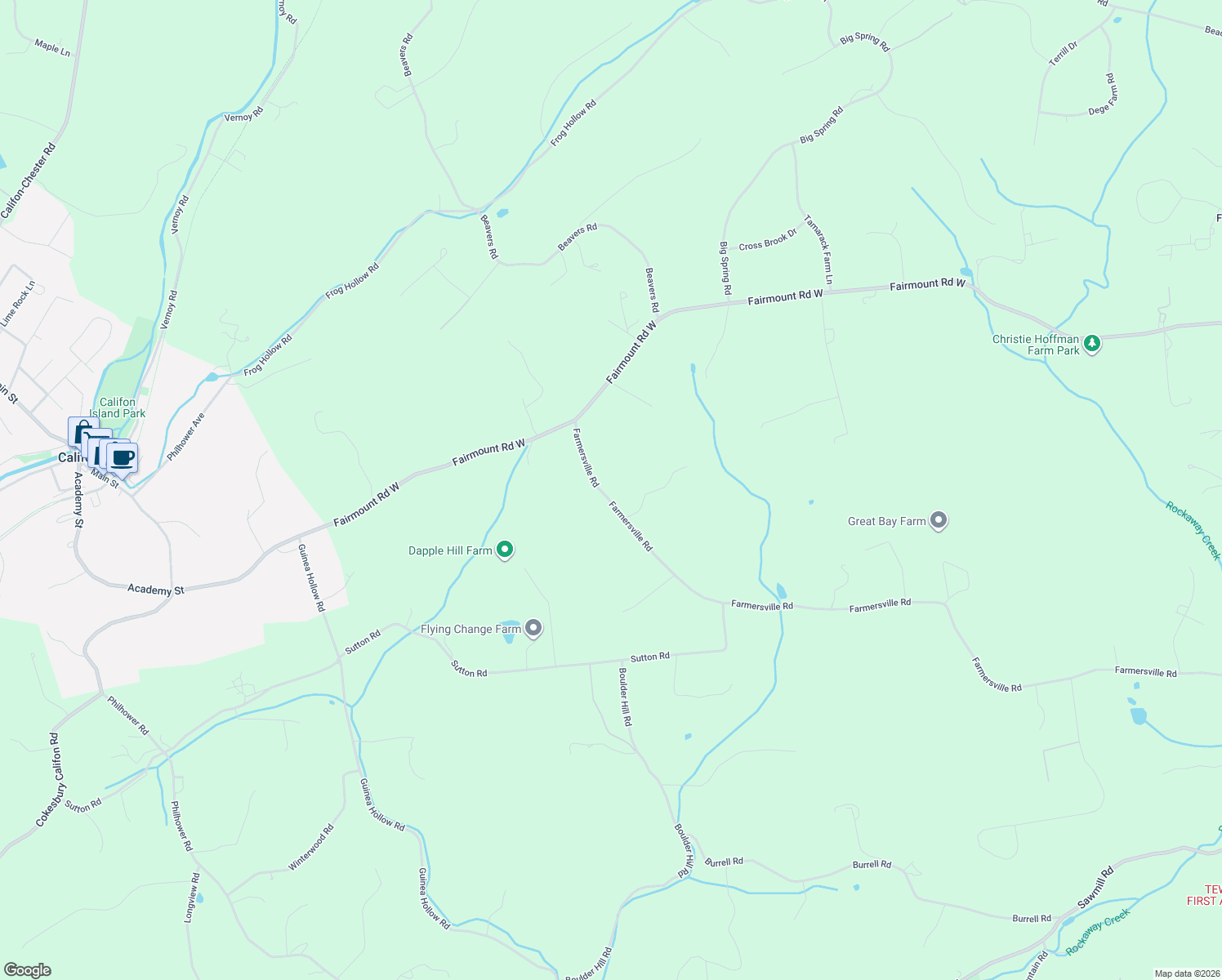 map of restaurants, bars, coffee shops, grocery stores, and more near 16 Farmersville Road in Califon