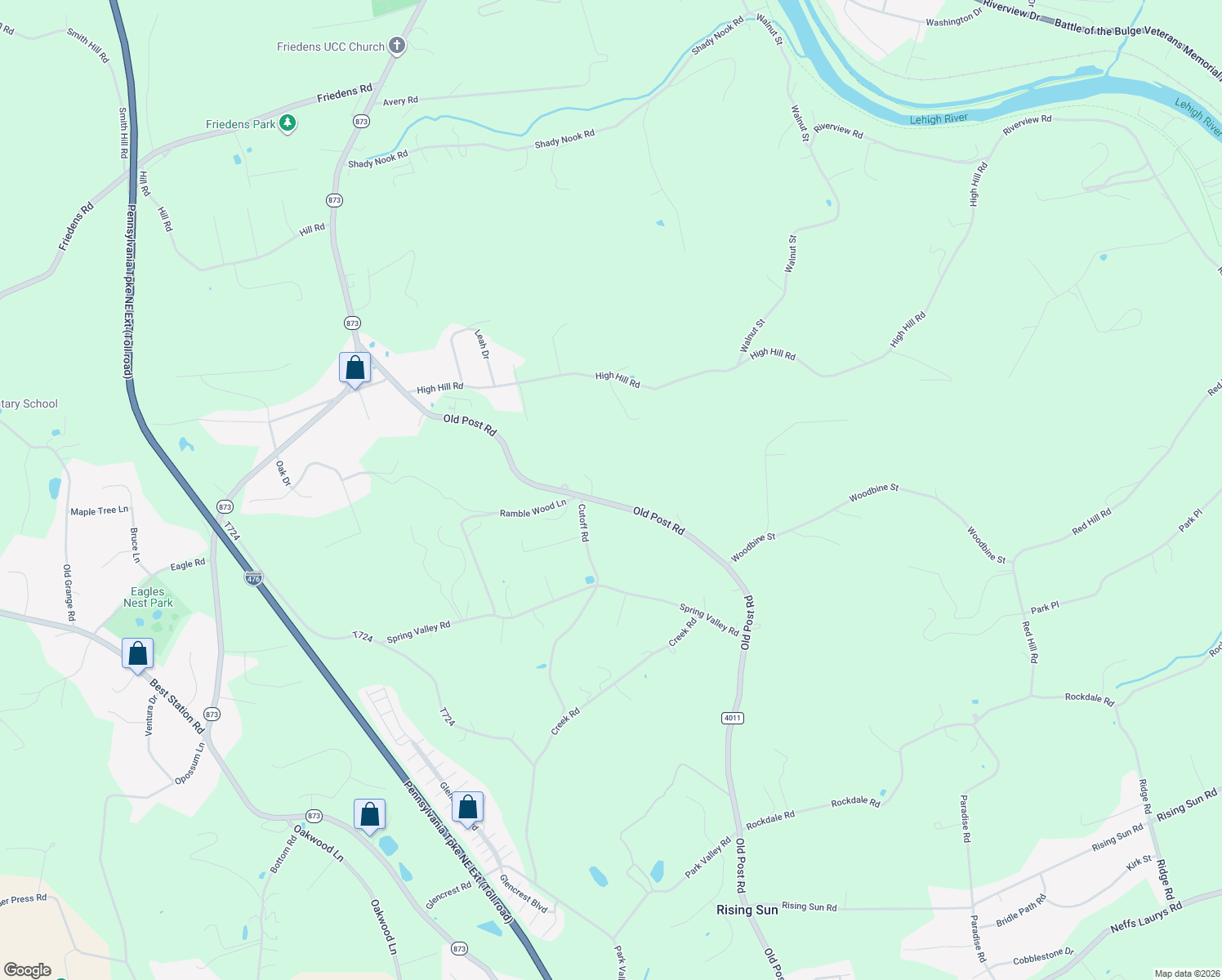 map of restaurants, bars, coffee shops, grocery stores, and more near 3063 Old Post Road in Slatington