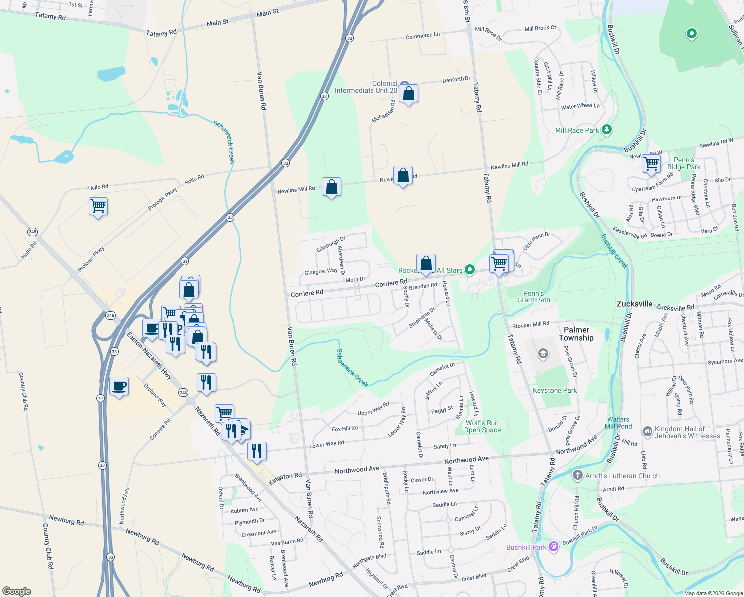 map of restaurants, bars, coffee shops, grocery stores, and more near 3 Nottingham Lane in Easton