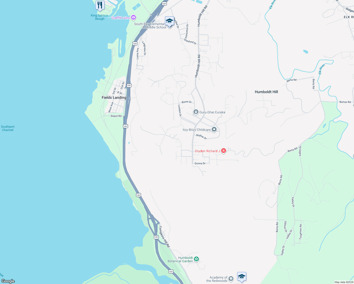 map of restaurants, bars, coffee shops, grocery stores, and more near 2185 Chad Lane in Eureka