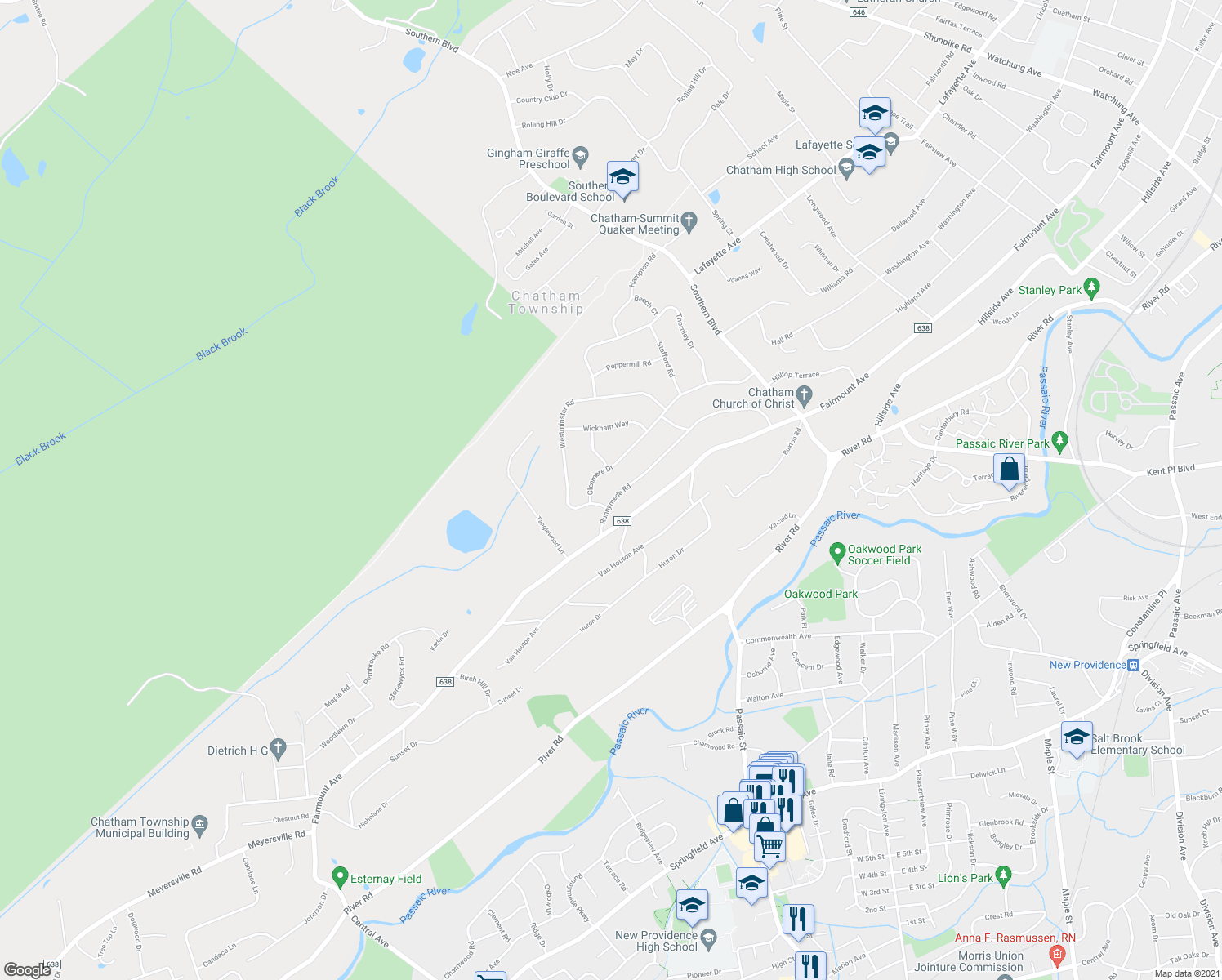 map of restaurants, bars, coffee shops, grocery stores, and more near 43 Runnymeade Road in Chatham Township
