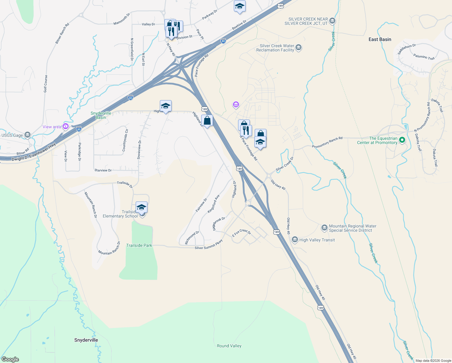 map of restaurants, bars, coffee shops, grocery stores, and more near 6115 Kingsford Avenue in Park City