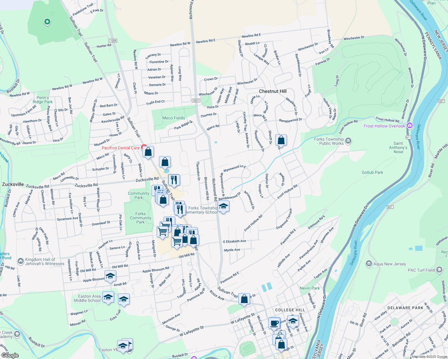 map of restaurants, bars, coffee shops, grocery stores, and more near 1801 Wynnwood Lane North in Easton