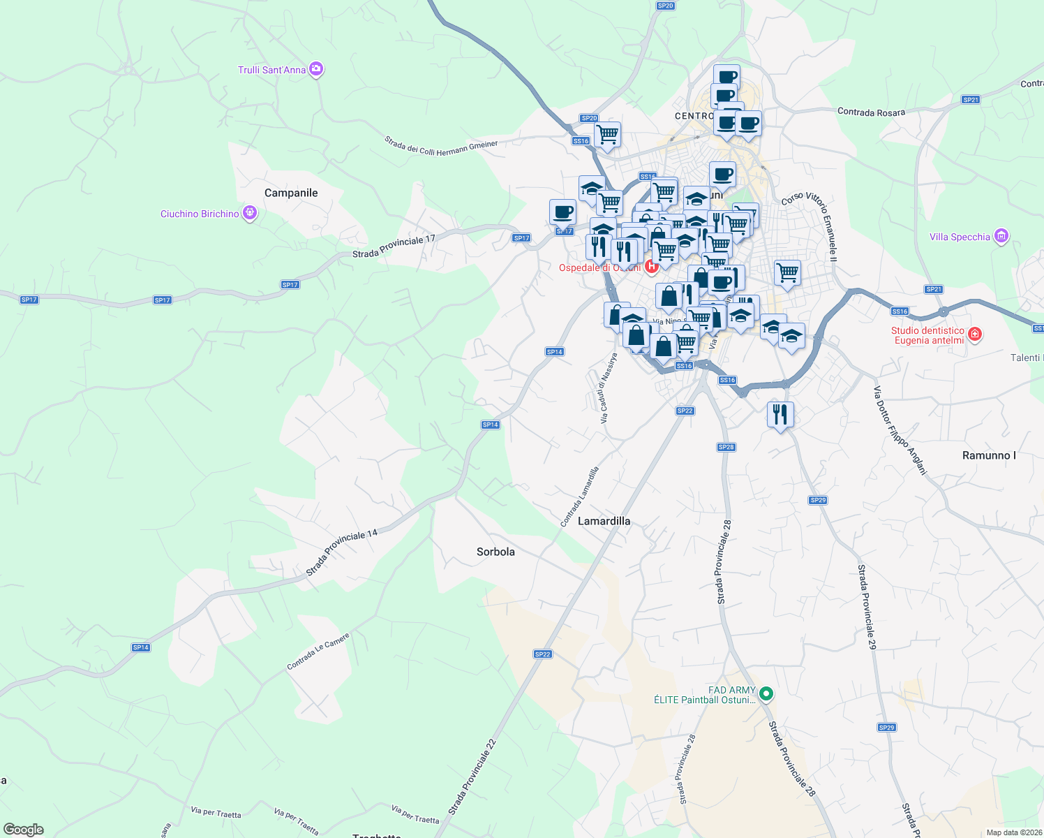 map of restaurants, bars, coffee shops, grocery stores, and more near Via Provinciale Martina Franca in Provincia di Brindisi