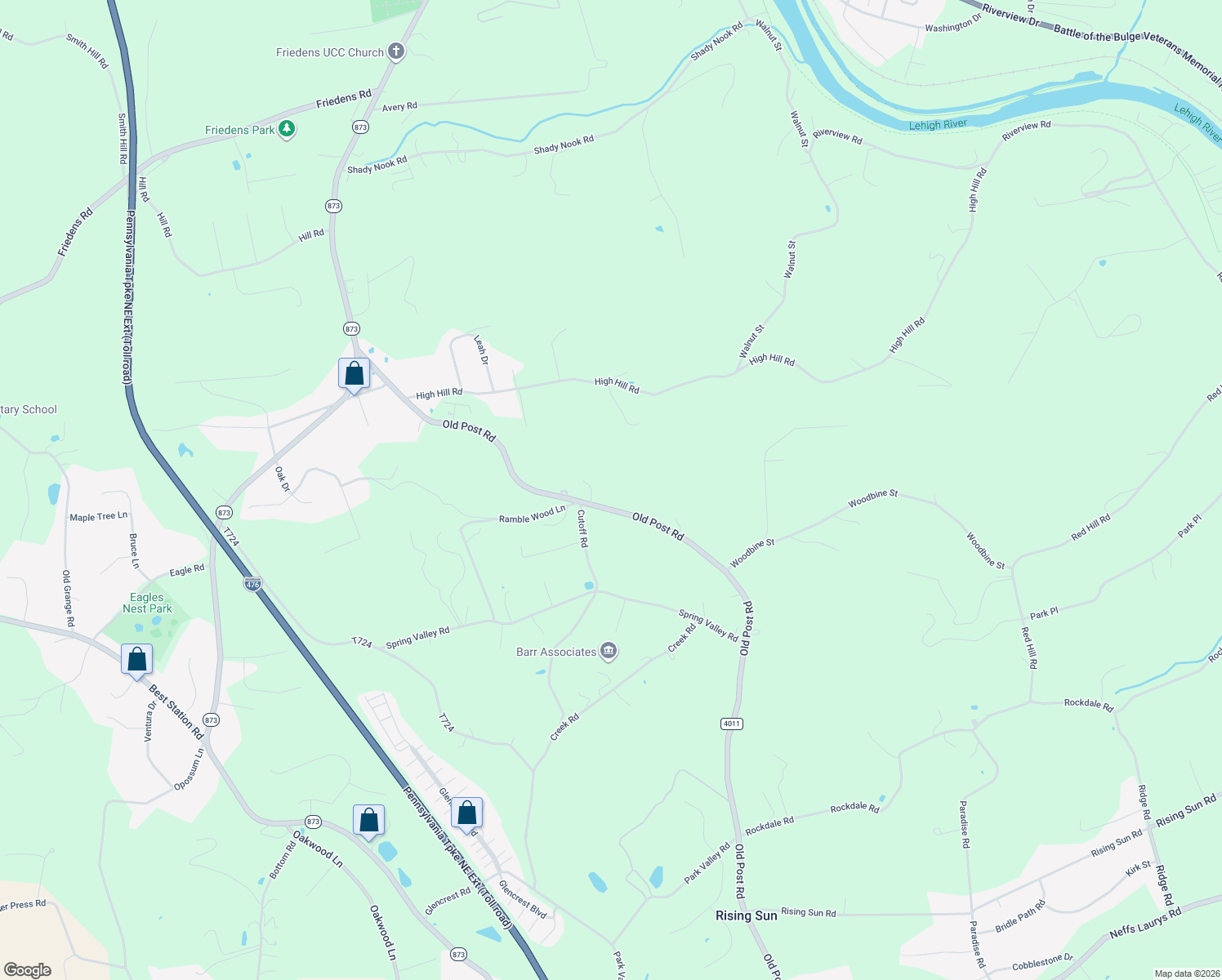 map of restaurants, bars, coffee shops, grocery stores, and more near 3063 Old Post Road in Slatington
