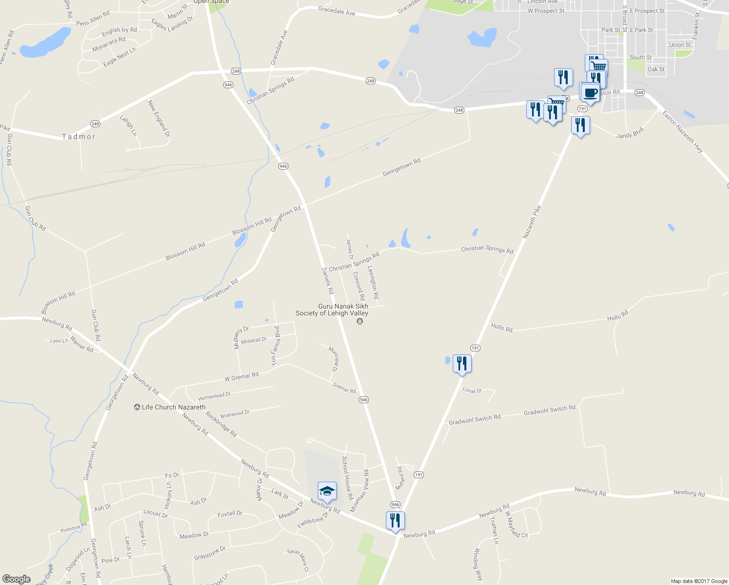 map of restaurants, bars, coffee shops, grocery stores, and more near 682 Concord Road in Nazareth