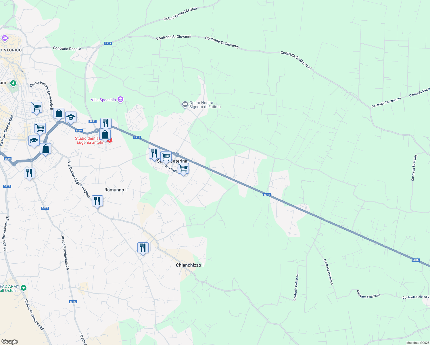 map of restaurants, bars, coffee shops, grocery stores, and more near Via San Giovanni Bosco in Brindisi