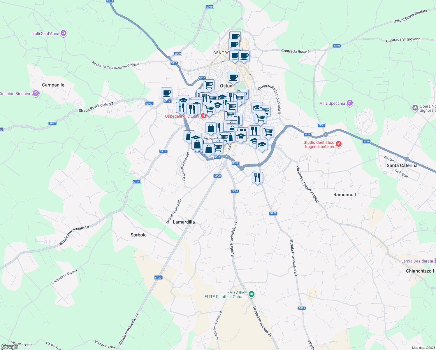 map of restaurants, bars, coffee shops, grocery stores, and more near 192 Via Papa Giovanni XXIII in Provincia di Brindisi