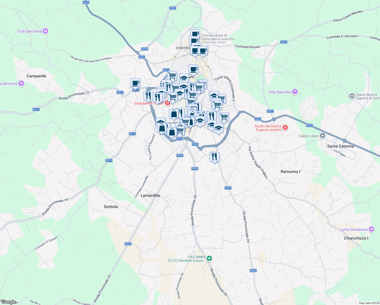 map of restaurants, bars, coffee shops, grocery stores, and more near 3 Strada Provinciale 28 in Ostuni
