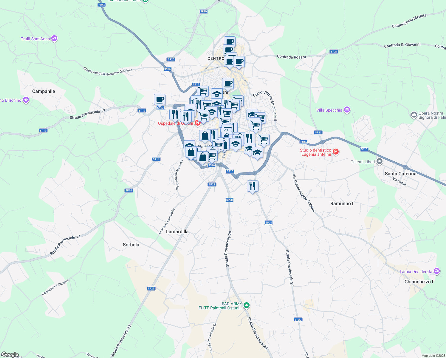 map of restaurants, bars, coffee shops, grocery stores, and more near 3 Strada Provinciale 28 in Ostuni