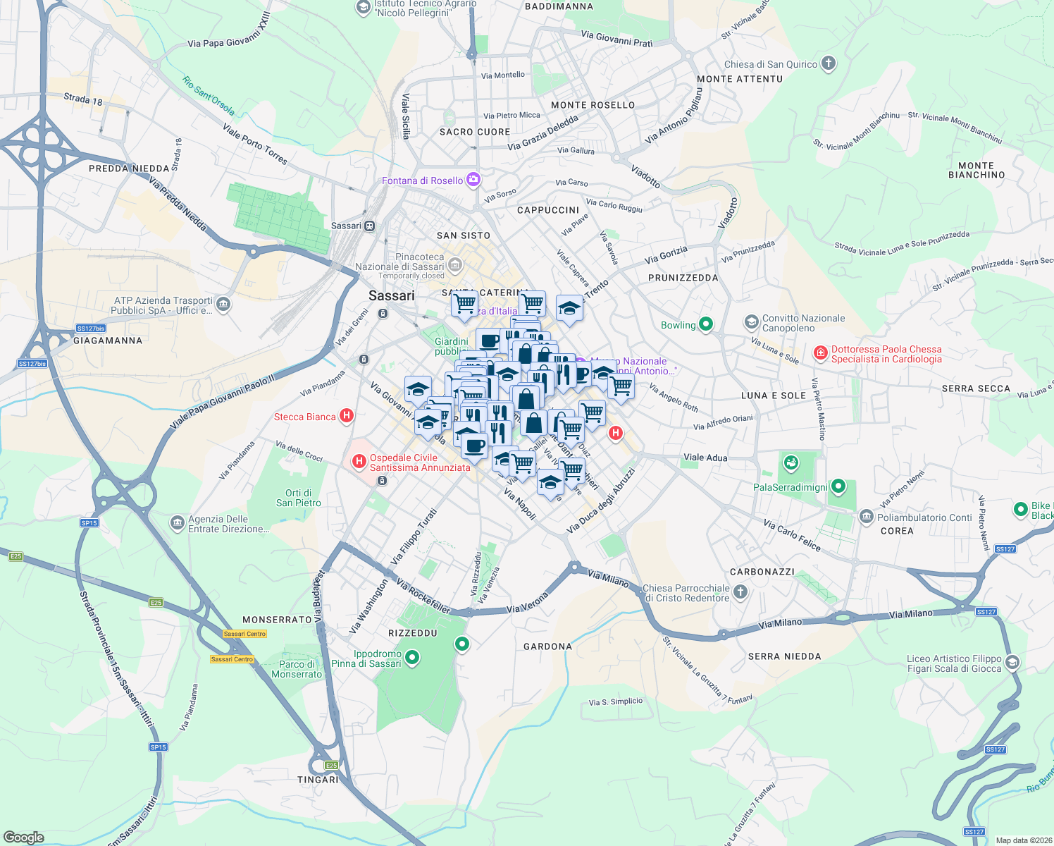 map of restaurants, bars, coffee shops, grocery stores, and more near 38 Via Giorgio Asproni in Sassari