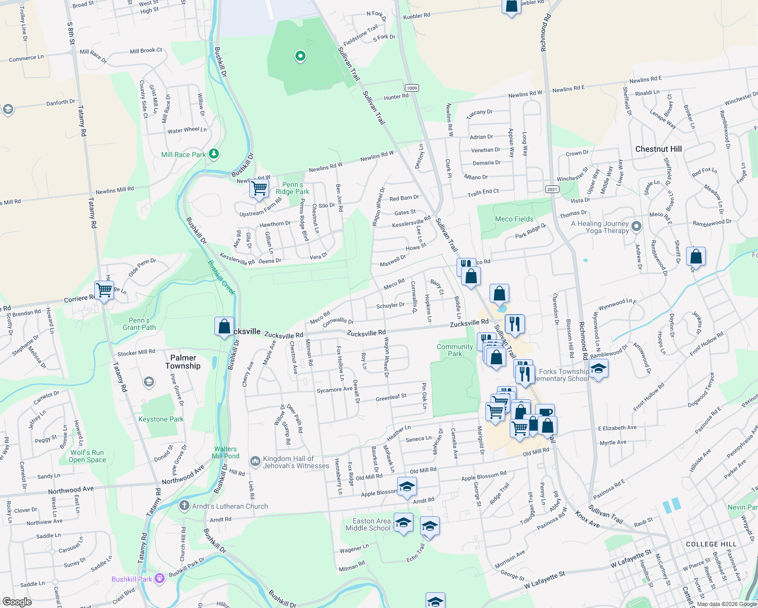 map of restaurants, bars, coffee shops, grocery stores, and more near 905 Schuyler Drive in Easton