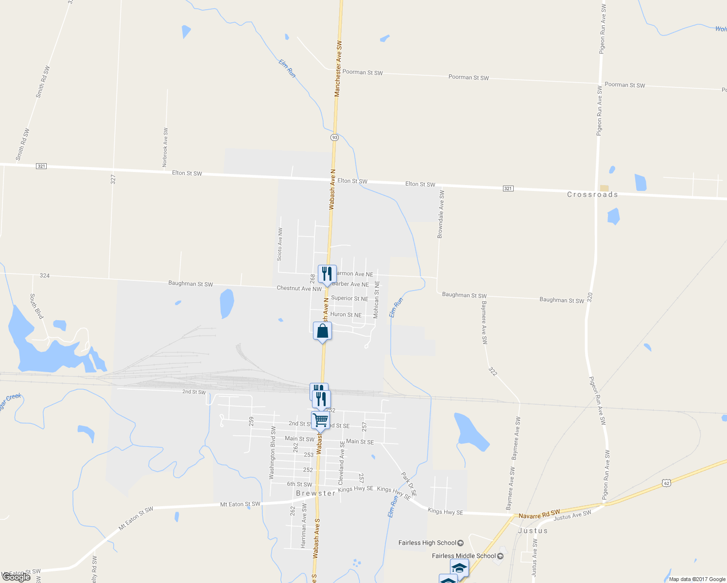 map of restaurants, bars, coffee shops, grocery stores, and more near 527 Walhonding Street Northeast in Brewster