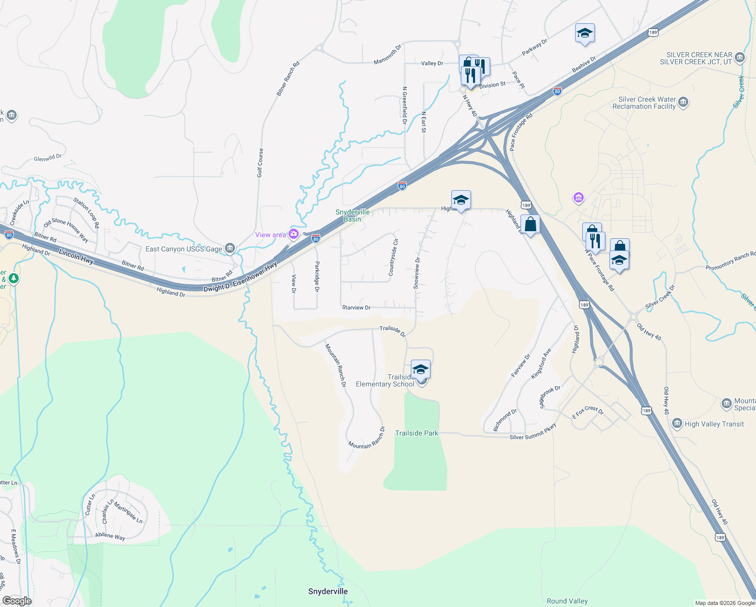 map of restaurants, bars, coffee shops, grocery stores, and more near 235 Starview Drive in Park City