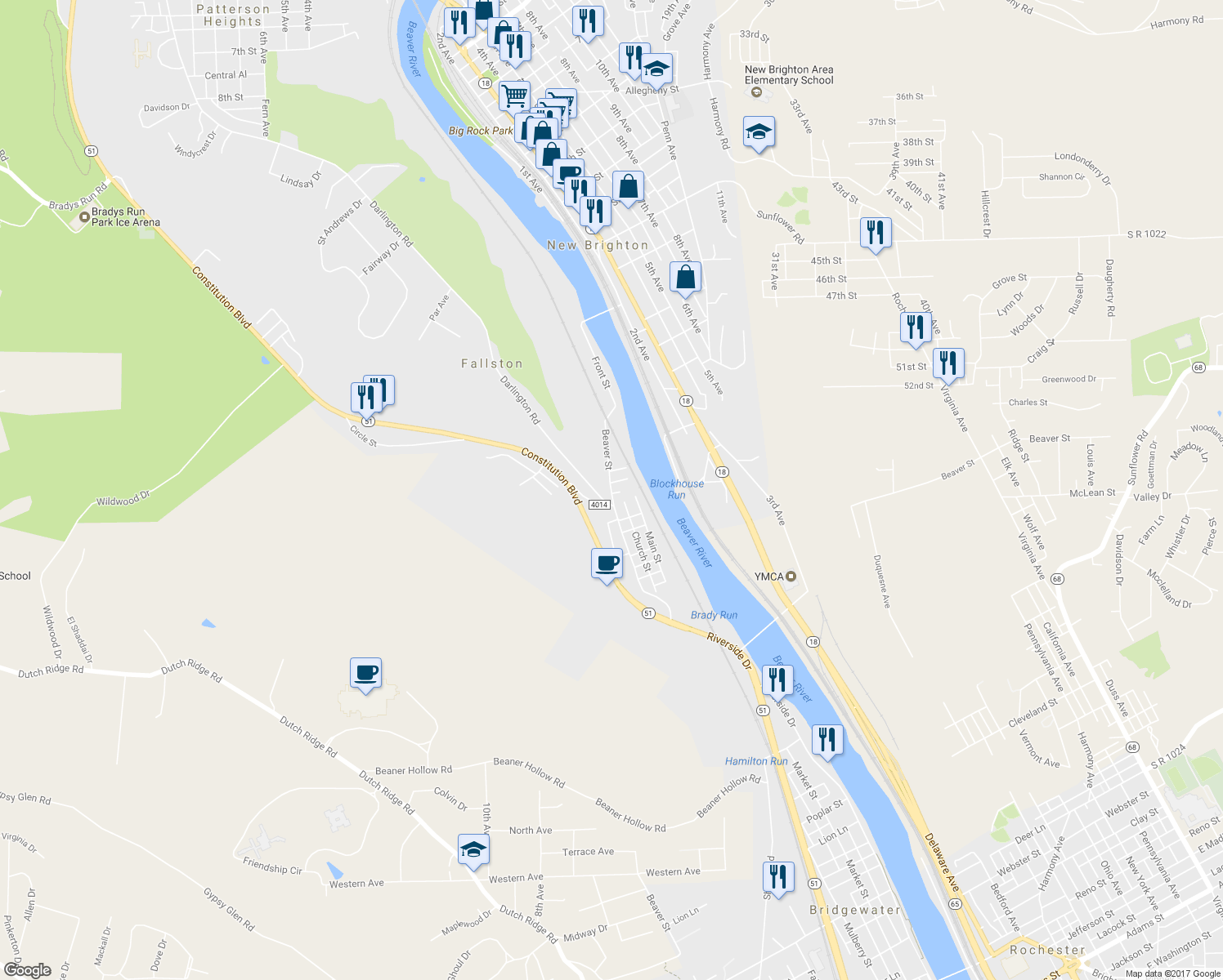 map of restaurants, bars, coffee shops, grocery stores, and more near 95 Beaver Street in New Brighton