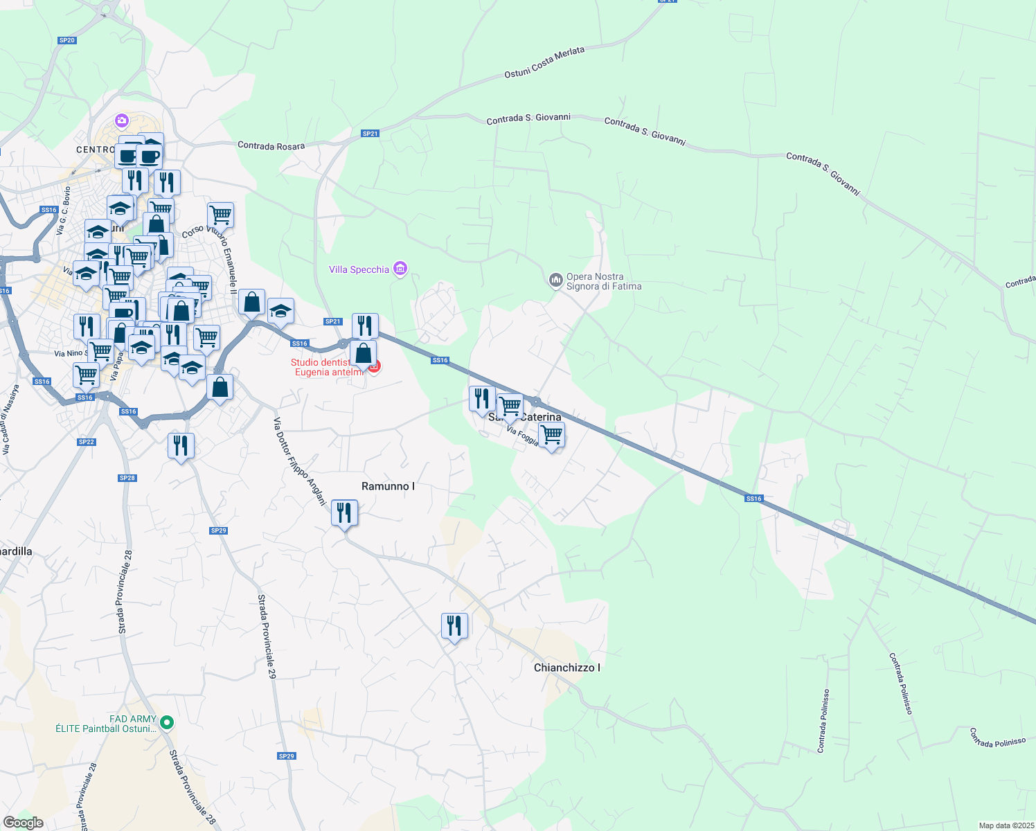 map of restaurants, bars, coffee shops, grocery stores, and more near 30 Via Bari in Santa Caterina