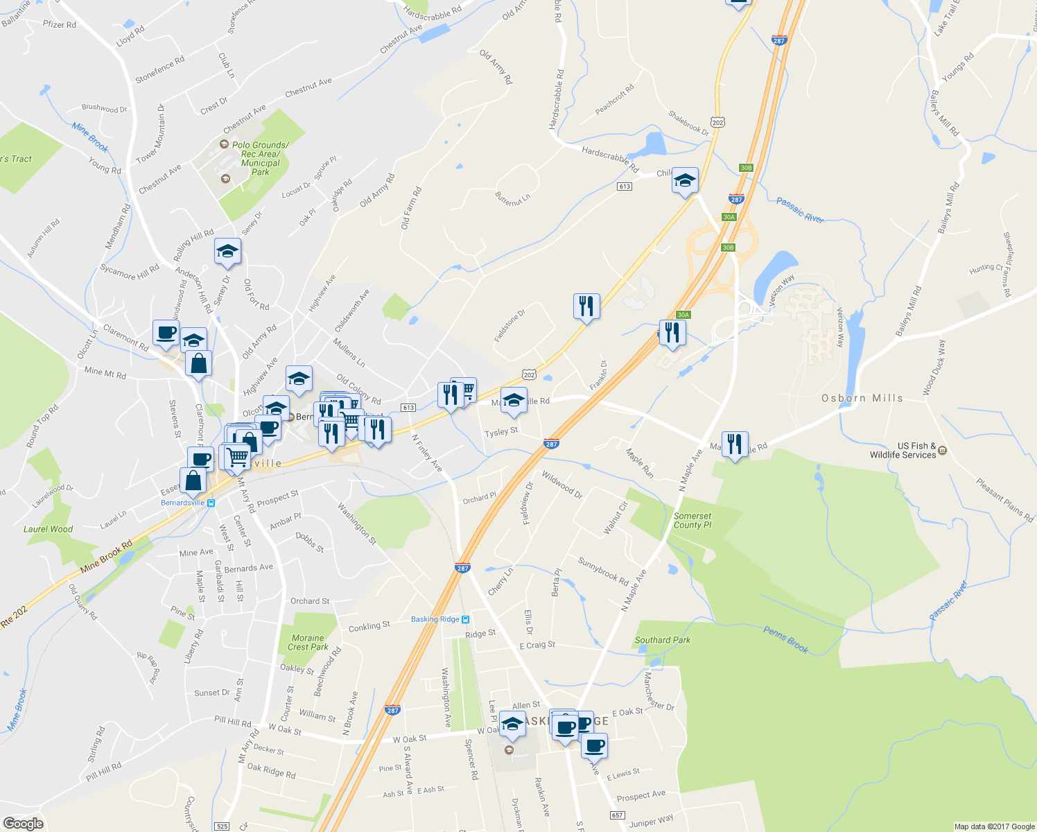 map of restaurants, bars, coffee shops, grocery stores, and more near 14 Cottage Street in Bernards