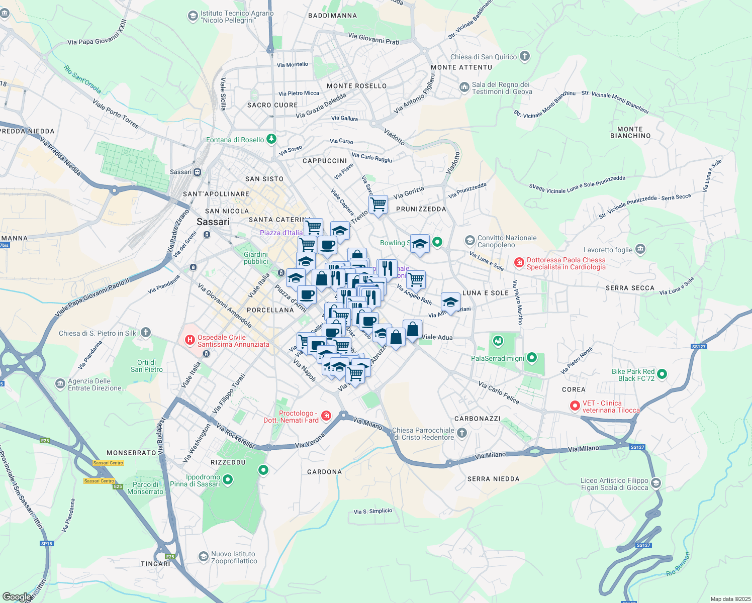 map of restaurants, bars, coffee shops, grocery stores, and more near 8 Via Alfredo Oriani in Sassari