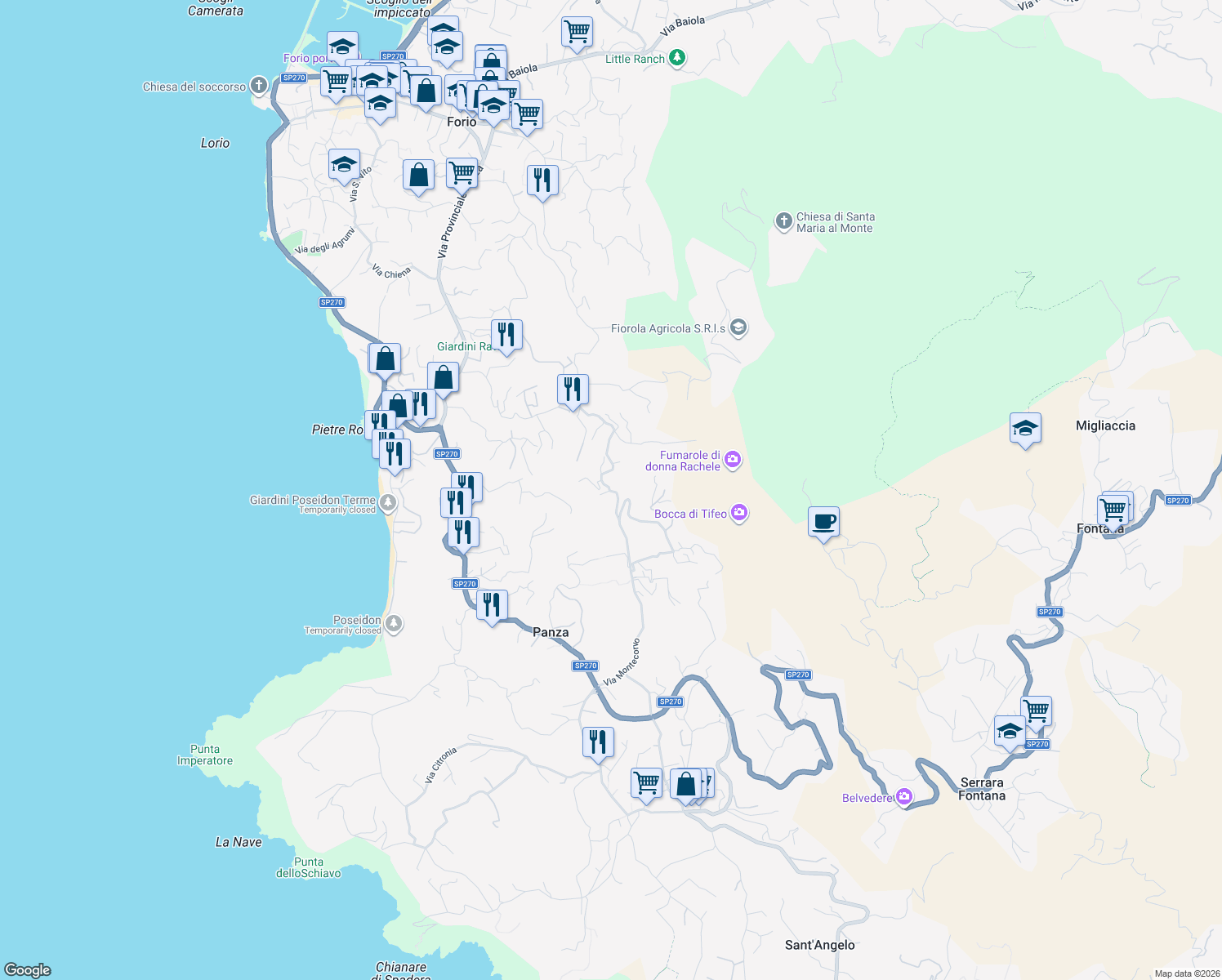 map of restaurants, bars, coffee shops, grocery stores, and more near 95 Via Montecorvo in Forio