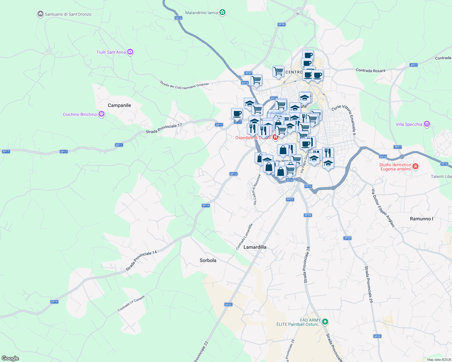 map of restaurants, bars, coffee shops, grocery stores, and more near Via Provinciale Martina Franca in Brindisi