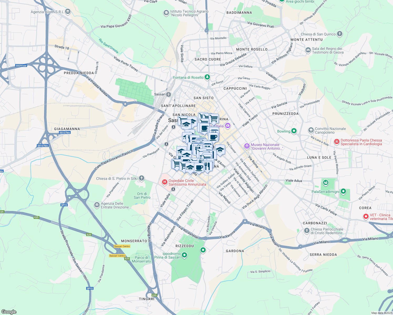 map of restaurants, bars, coffee shops, grocery stores, and more near 9 Viale Italia in Sassari