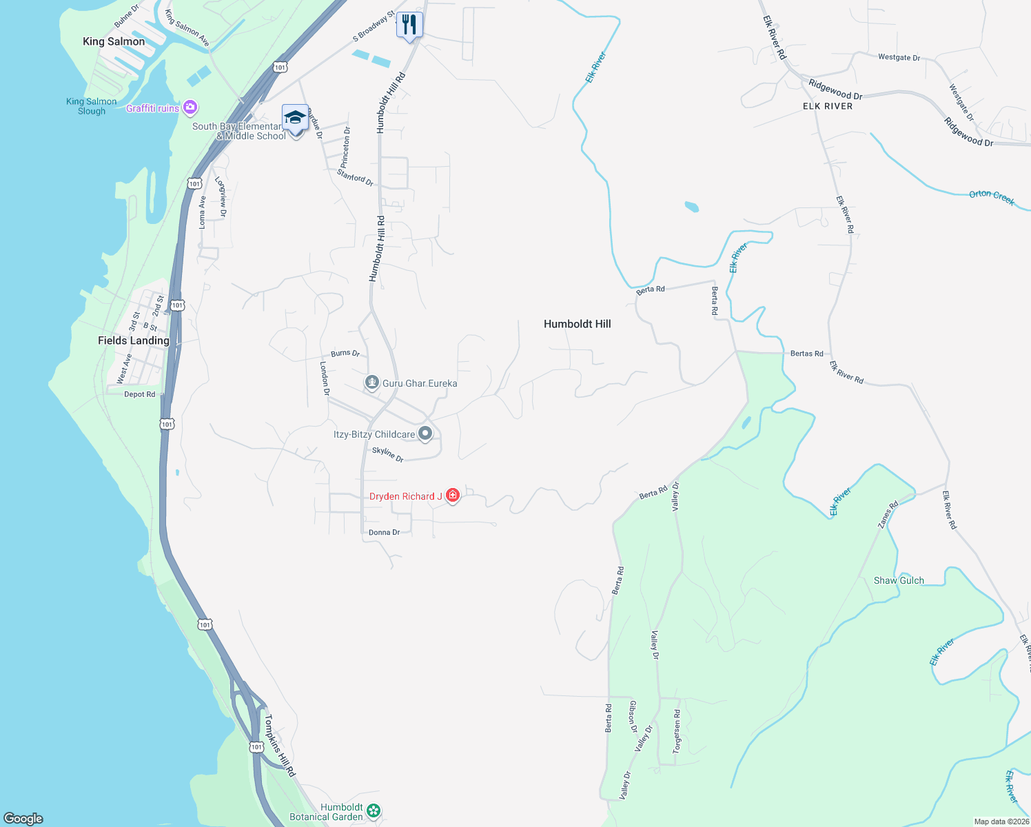 map of restaurants, bars, coffee shops, grocery stores, and more near 6991 Linda Road in Eureka