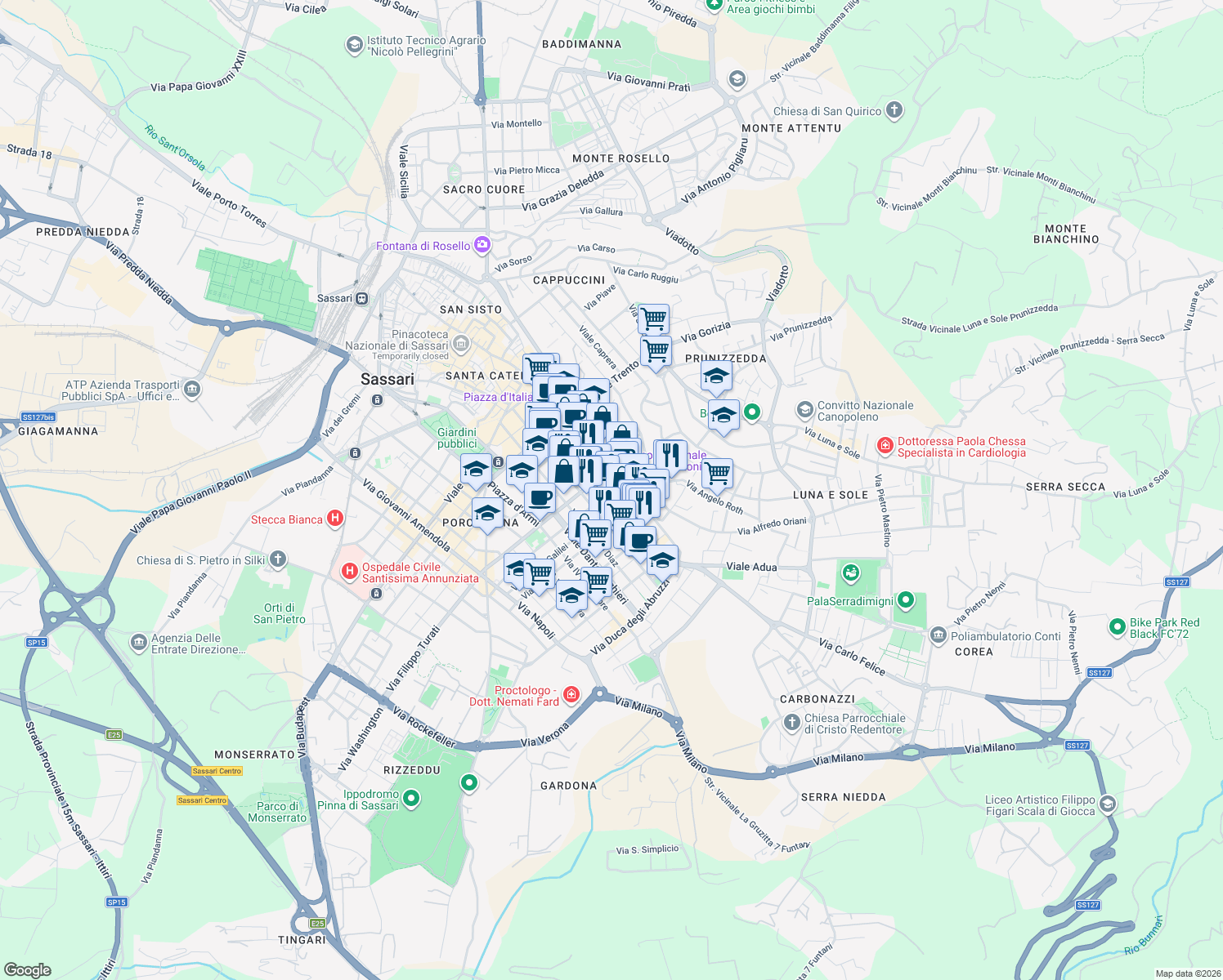 map of restaurants, bars, coffee shops, grocery stores, and more near 6 Via Alghero in Sassari
